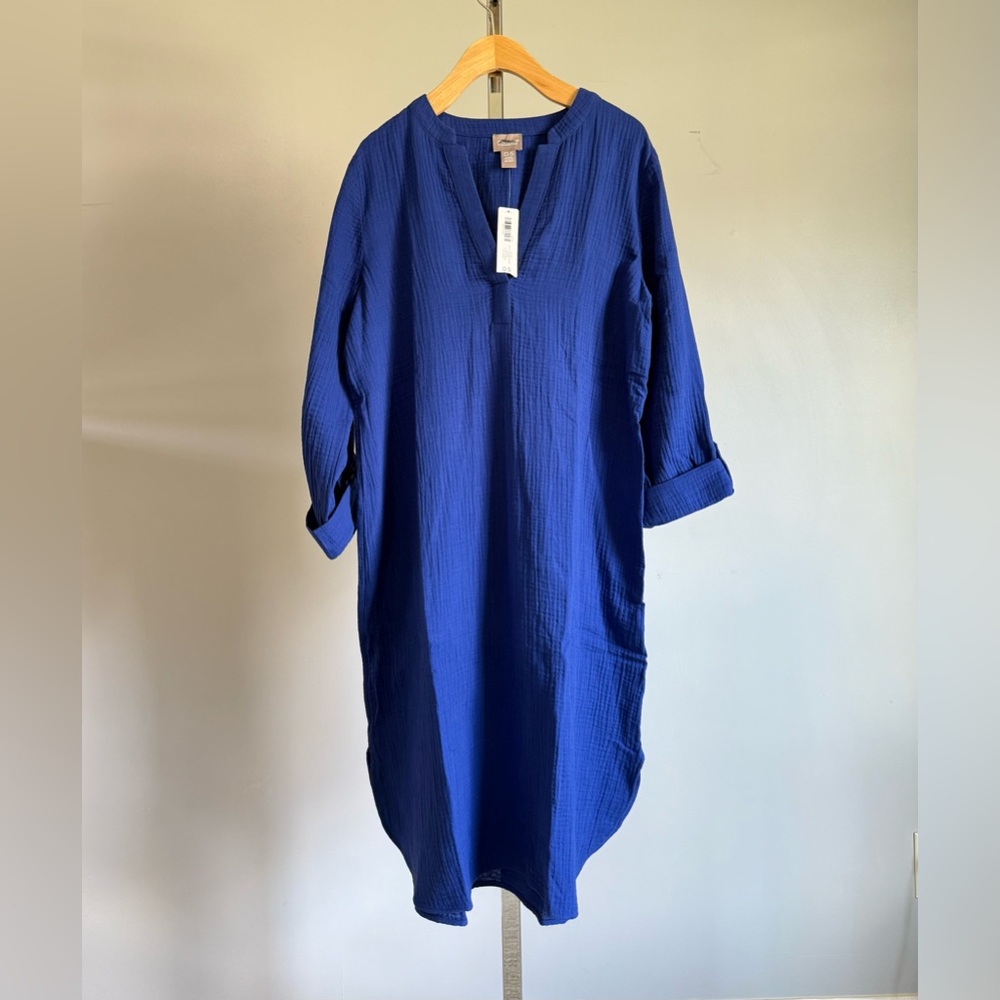 Chico's NWT Blue Gauze Notch Neck Roll Tab Sleeve Textured Midi Dress 0.5